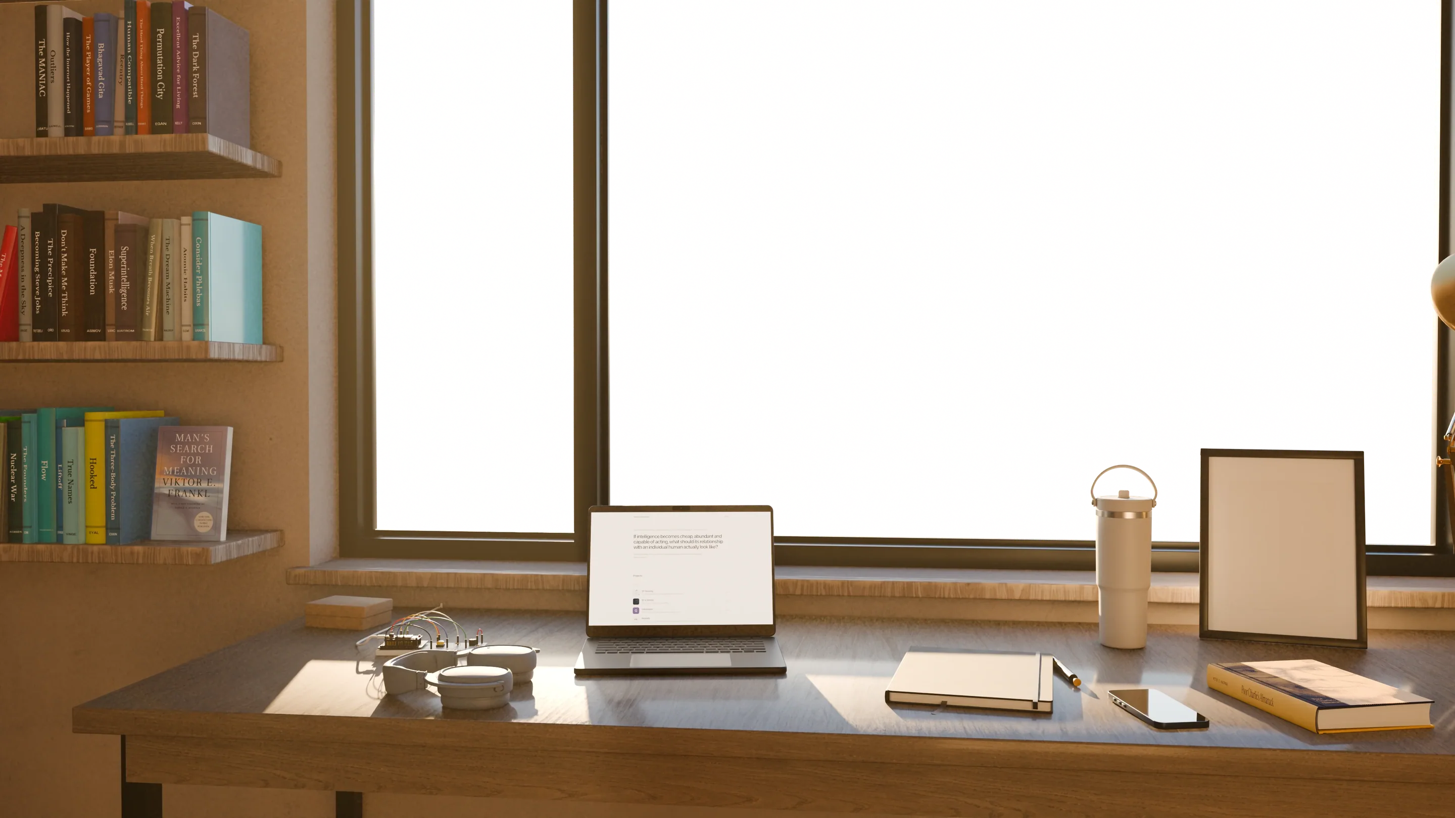The desk by the window on Russian Hill at golden hour, looking out at the Golden Gate