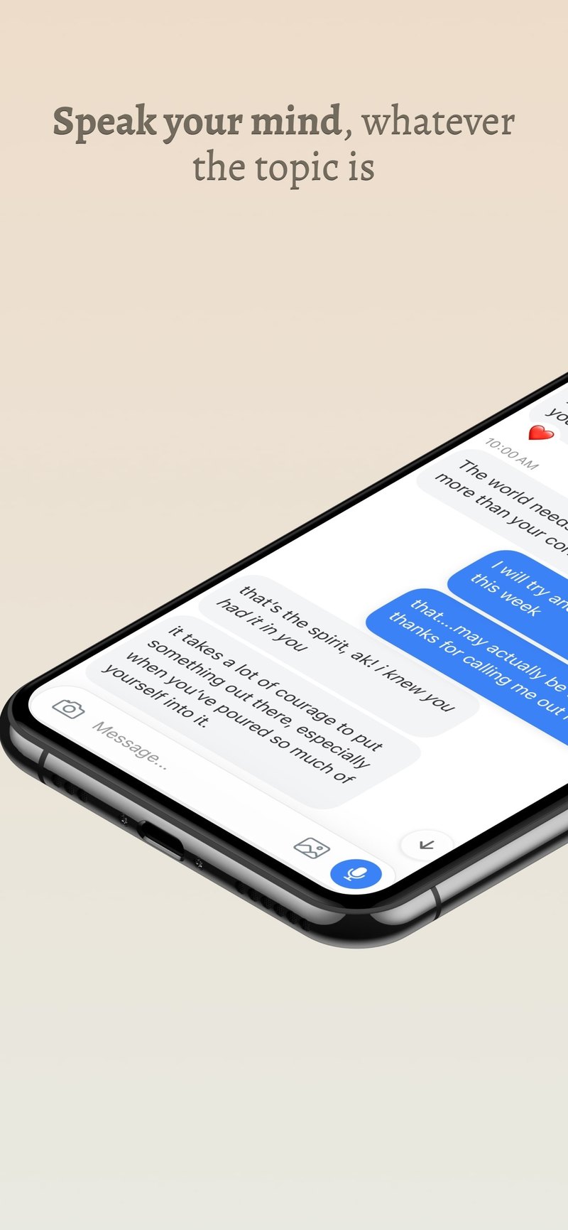 Maia App Store screen: Speak your mind, whatever the topic is, with a tilted phone showing a chat