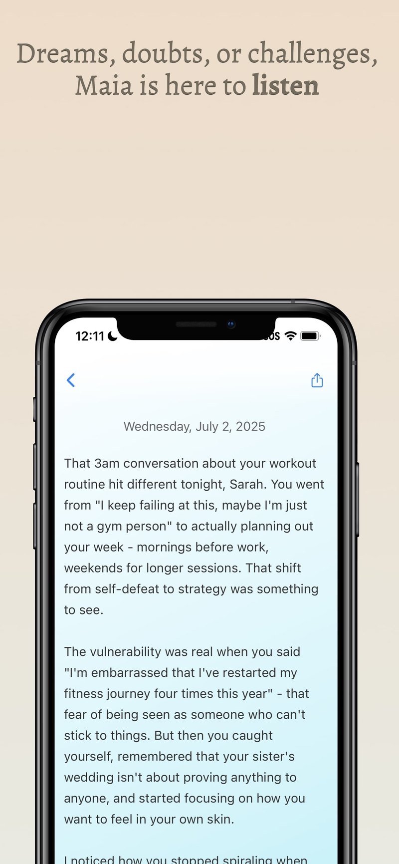 Maia App Store screen: Dreams, doubts, or challenges, Maia is here to listen, showing a daily reflection