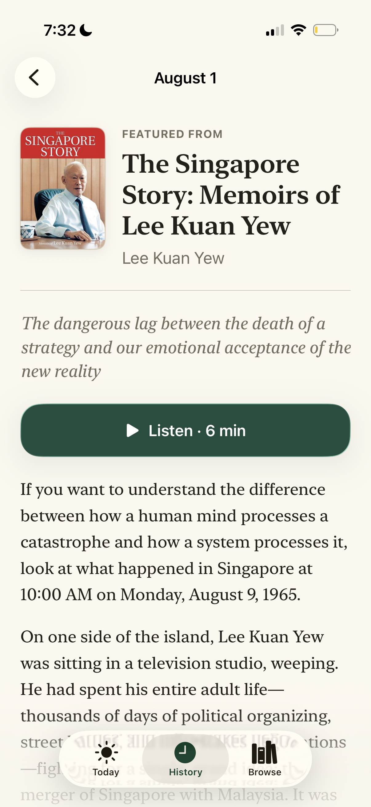 Readaily daily essay generated from The Singapore Story with a six-minute listening option