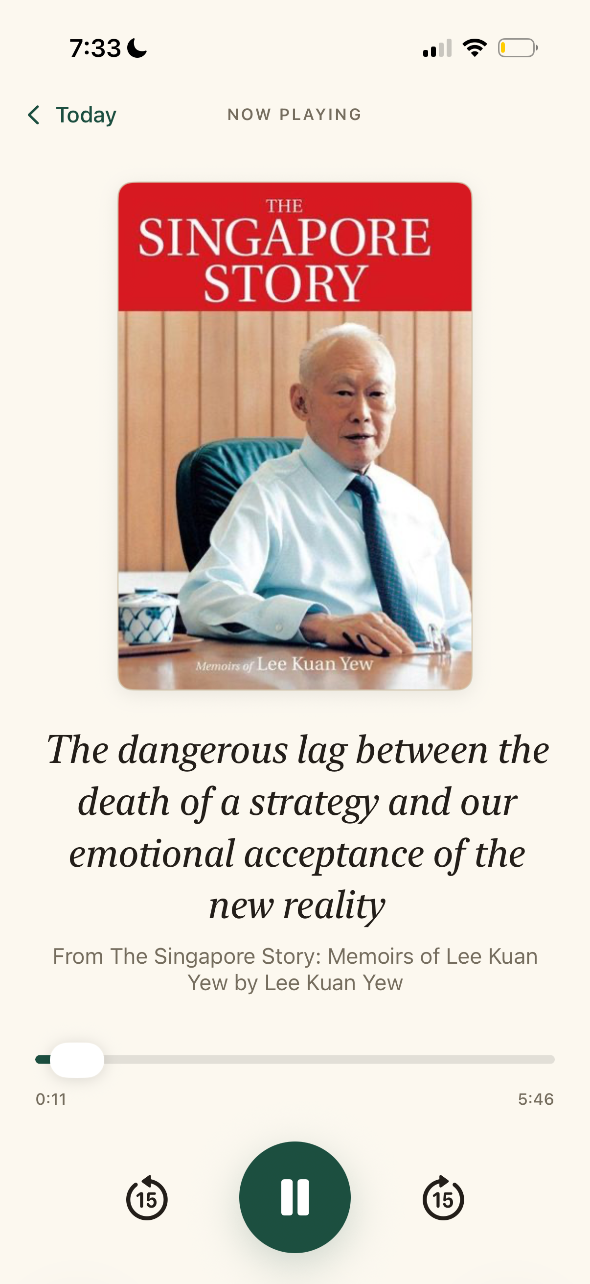 Readaily audio player narrating a daily essay based on The Singapore Story