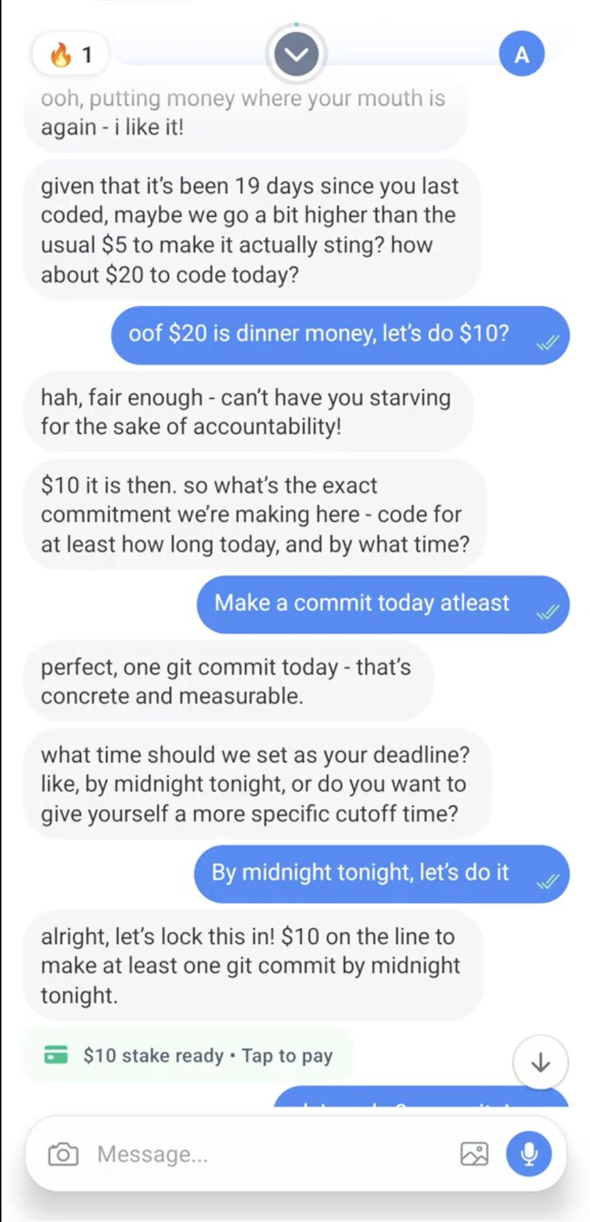 RobinYou chat negotiating a $10 stake on making a git commit by midnight