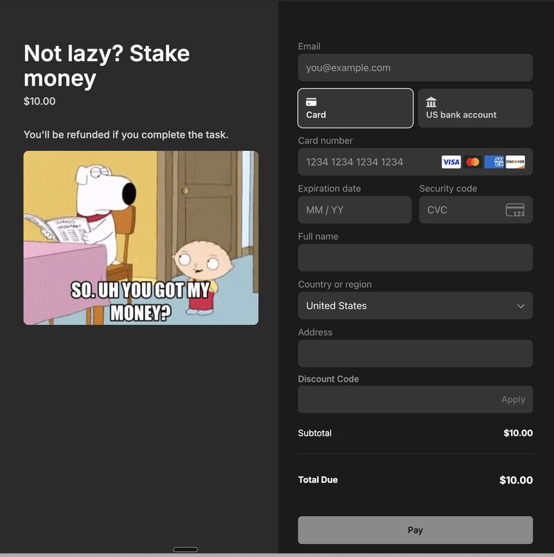 RobinYou payment screen titled Not lazy? Stake money, for $10
