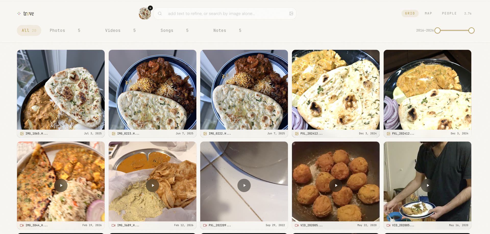 Trove using the naan crop as the query to retrieve visually similar photos and videos