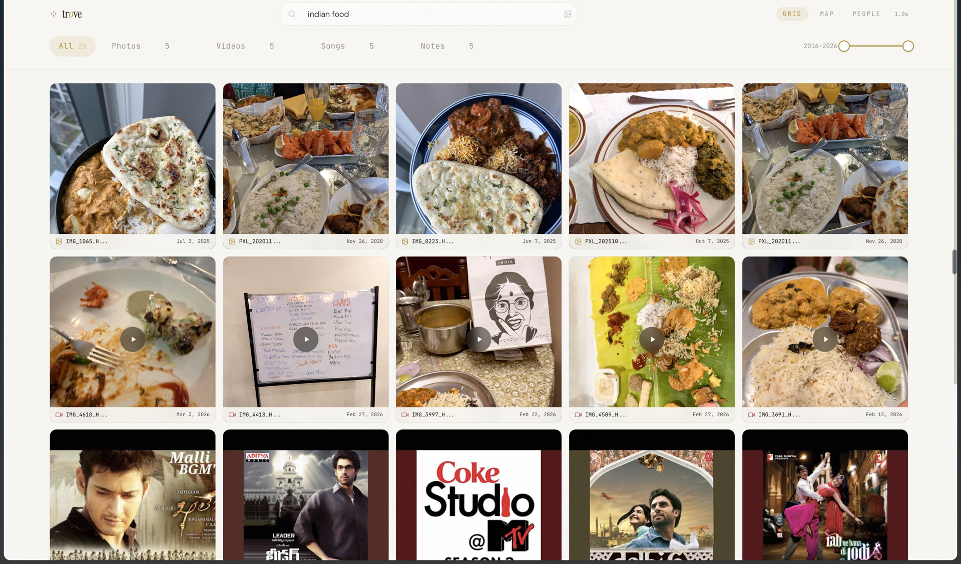 Trove retrieving photos and videos from a natural-language search for Indian food